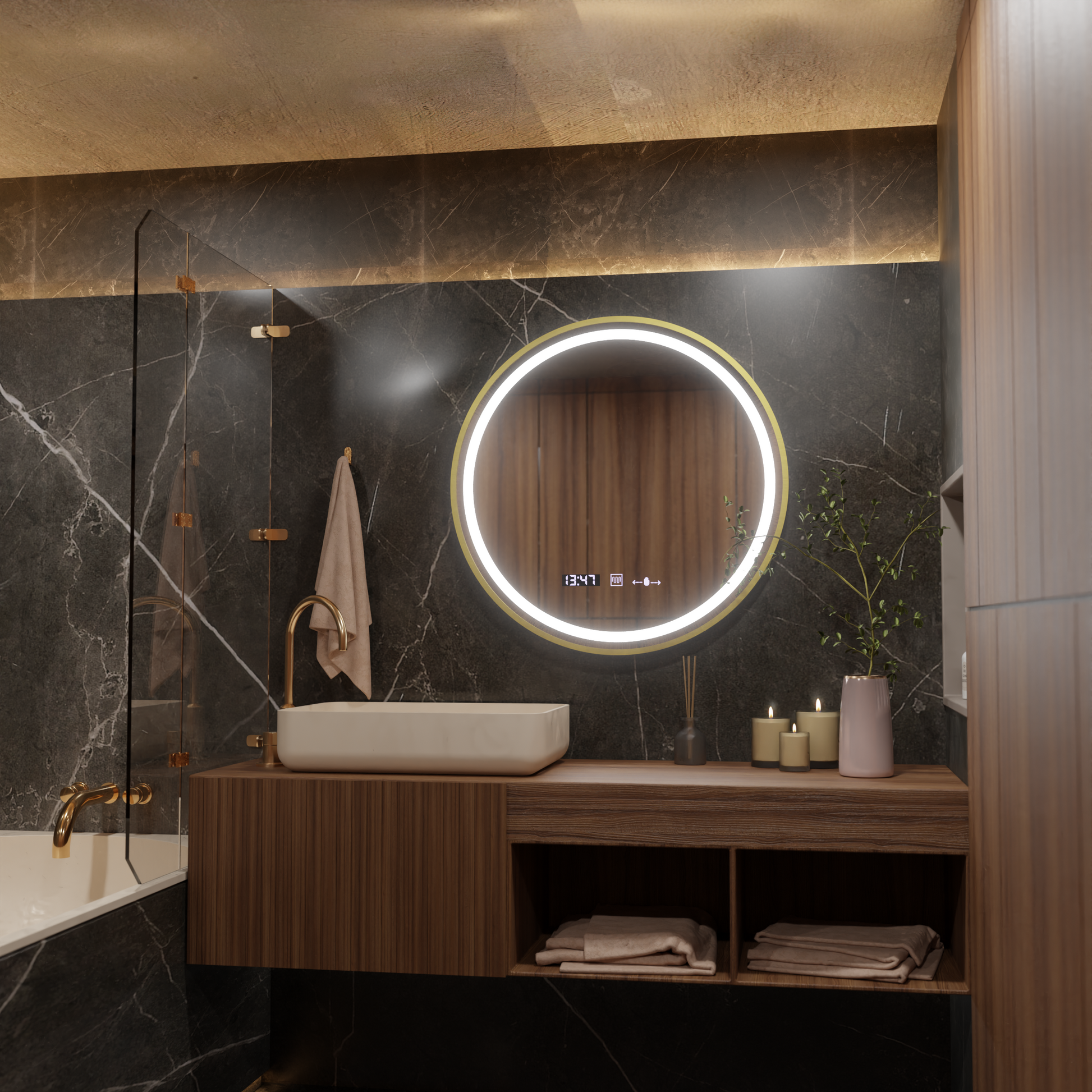 Specchio rotondo a LED, 80 cm, Celeste Royale Gold MotionGlow Marcello, sistema antiappannamento, orologio e termometro, specchi dimmerabili Marcello Titolo predefinito Alessandro Design