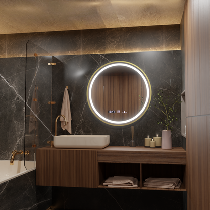 Specchio rotondo a LED, 80 cm, Celeste Royale Gold MotionGlow Marcello, sistema antiappannamento, orologio e termometro, specchi dimmerabili Marcello Titolo predefinito Alessandro Design
