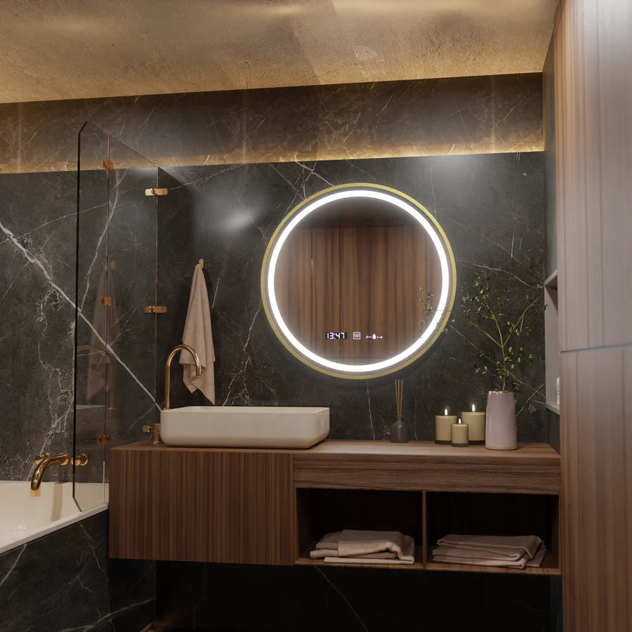 Oglinda LED Rotunda, 60cm, Celeste Royale Gold Eleve MotionGlow Marcello, Sistem Dezaburire, Ceas & Termometru, Dimabila, Curea Detasabila Oglinzi Marcello Default Title Alessandro Design