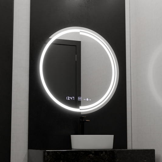 Specchio rotondo a LED, 60 cm, sensore MotionGlow Consuel Marcello, sistema antiappannamento, orologio e termometro, specchi dimmerabili Marcello Titolo predefinito Alessandro Design