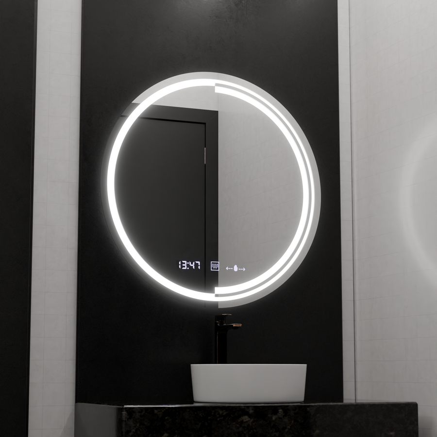 Specchio rotondo a LED, 60 cm, sensore MotionGlow Consuel Marcello, sistema antiappannamento, orologio e termometro, specchi dimmerabili Marcello Titolo predefinito Alessandro Design