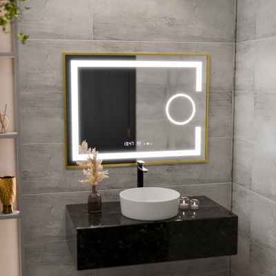 Specchio rettangolare a LED, 80x60 cm, Eclat MotionGlow Marcello, sistema di disappannamento, orologio e termometro, lente d'ingrandimento cosmetica, dimmerabile, cornice oro spazzolato