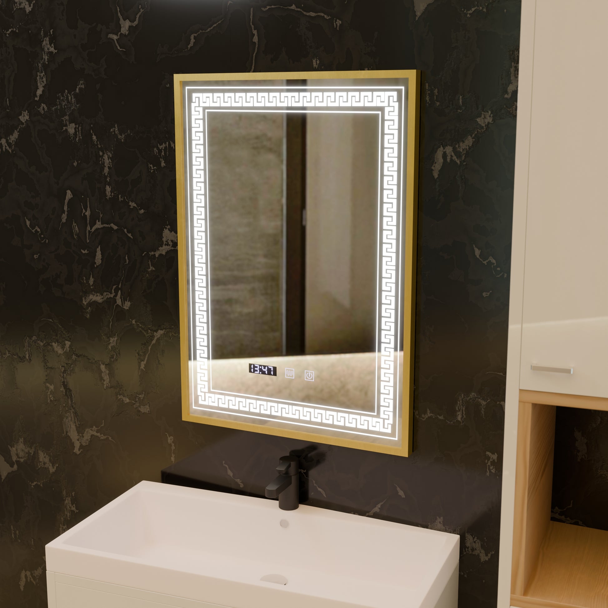 Specchio LED Touch Bruno Demister System, Orologio e Temperatura 60x80 cm Cornice Oro Spazzolato, S84/60X80 Specchi Korman S Titolo predefinito Alessandro Design