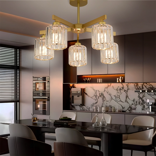 Lampadario Classico Moderno LC110/5GD con Cristallo, 5xE27, Oro, Metallo e Cristallo
