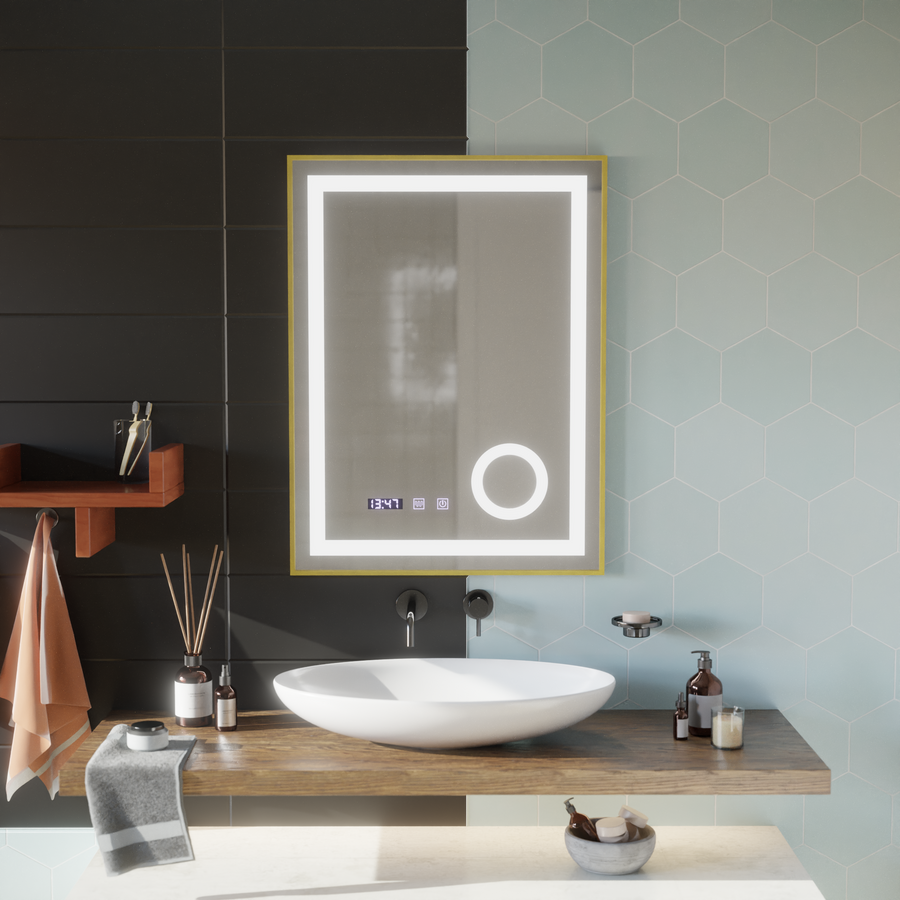 LED Touch CLARUS Specchio con sistema antiappannamento, orologio e temperatura 60x80 cm Cornice dorata Specchi ingranditori cosmetici spazzolati Korman S Titolo predefinito Alessandro Design