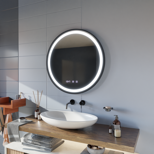 Specchio Touch LED NOVARA Sistema Antiappannamento, Orologio e Temperatura 50 cm Cornice Nera Specchi Spazzolati Korman S Titolo predefinito Alessandro Design