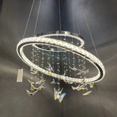 Lampadario LED a Sospensione con telecomando e cristallo 50W, 2 Cerchi, Luce Fredda/Calda/Neutra, Dimmerabile, Cromo Lucido, Altezza Regolabile