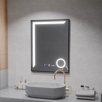Specchio LED Francesca Sensore MotionGlow 60x80 cm Luce Calda/Fredda/Neutra Cornice Dimmerabile Nero Spazzolato Sistema Disappannante Termometro Orologio Collezione Marcello Funghi
