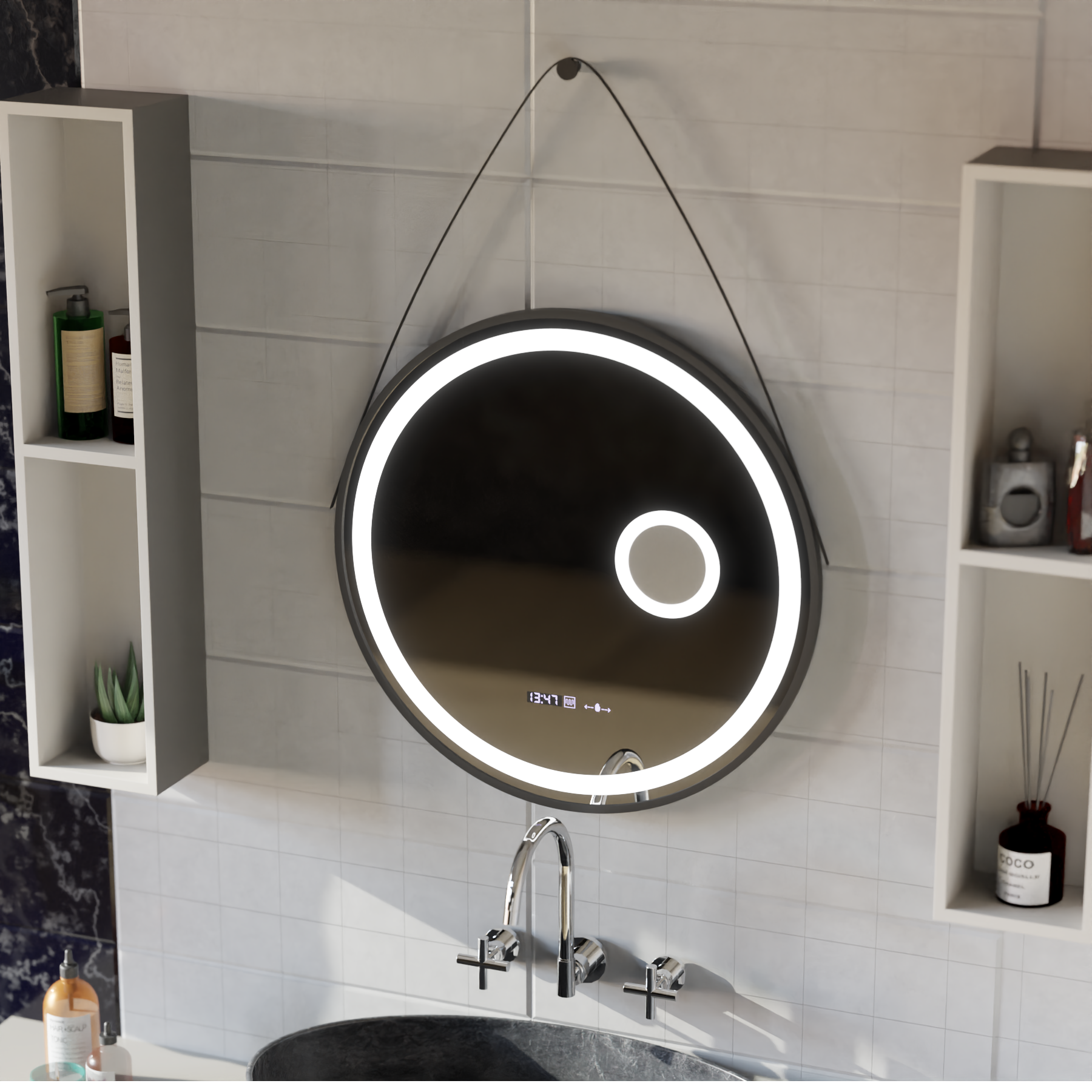 Specchio rotondo a LED, 11 W, 60 cm, sensore Micah Marcello MotionGlow, sistema antiappannamento, orologio e termometro, lente d'ingrandimento cosmetica, specchi Marcello dimmerabili Titolo predefinito Alessandro Design