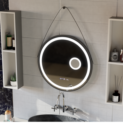 Specchio rotondo a LED, 11 W, 60 cm, sensore Micah Marcello MotionGlow, sistema antiappannamento, orologio e termometro, lente d'ingrandimento cosmetica, specchi Marcello dimmerabili Titolo predefinito Alessandro Design