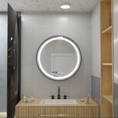 Specchio rotondo a LED, 80 cm, Celeste Majesté Noir MotionGlow Marcello, sistema antiappannamento, orologio e termometro, dimmerabile
