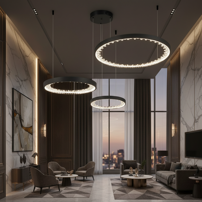 Lampadario LED a Sospensione con telecomando, Cristalli K9, 80W, 3 Cerchi, Luce Fredda/Calda/Neutra, Dimmerabile, Nero, Regolabile in Altezza