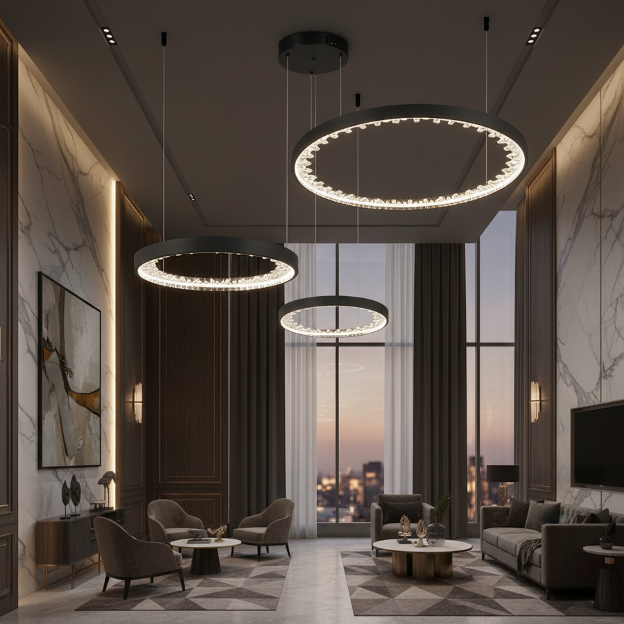 Lampadario LED a Sospensione con telecomando, Cristalli K9, 80W, 3 Cerchi, Luce Fredda/Calda/Neutra, Dimmerabile, Nero, Regolabile in Altezza