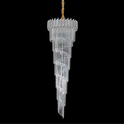 Lampadario in Cristallo CC110/600x1800, 28xE14, Diametro 60cm, Altezza 180cm, Cromo e Argento, Altezza Regolabile, Design Elegante