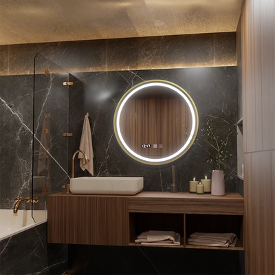 Oglinda LED Touch LUSSO Sistem Dezaburire, Ceas si Temperatura, 50 cm, rama Auriu Brushed