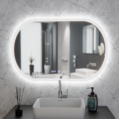 Specchio ovale a LED, 80x50 cm, sensore Altera Marcello MotionGlow, sistema antiappannamento, orologio e termometro, specchi Marcello dimmerabili Titolo predefinito Alessandro Design