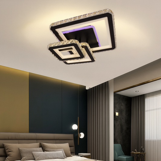 Lampadario LED con telecomando e cristallo LEILA 88W, 3 Quadrati, Luce Fredda/Calda/Neutra, Dimmerabile, Cromo Nero Lucido Lampadari LED con Telecomando Titolo predefinito Alessandro Design