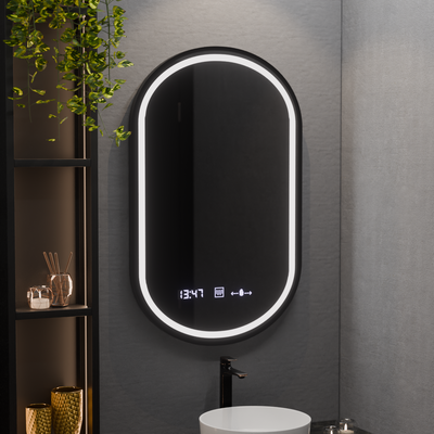Specchio ovale a LED, 50x80 cm, Alessia MotionGlow Marcello, Sistema Demister, Orologio e Termometro, Dimmerabile