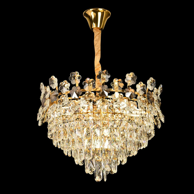 Candelabru Cristal FLORENCE Eleganza 9x E14, Diametru 50cm, Auriu Lucios, Inaltime Reglabila