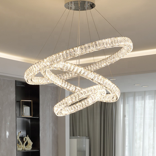 Lampadario LED a sospensione con telecomando e cristallo CAYDEN 200W, 3 Cerchi, Luce Fredda/Calda/Neutra, Dimmerabile, Cromo Lucido, Altezza Regolabile Lampadario LED Titolo predefinito Alessandro Design