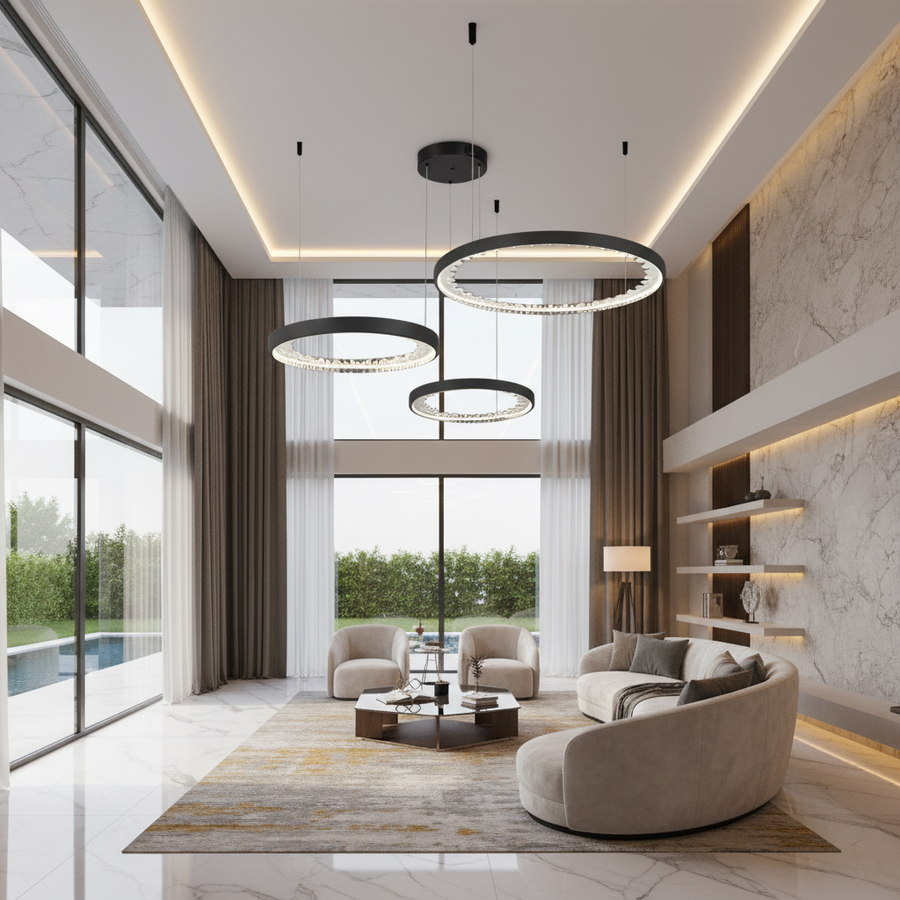 Lampadario LED a Sospensione con telecomando, Cristalli K9, 80W, 3 Cerchi, Luce Fredda/Calda/Neutra, Dimmerabile, Nero, Regolabile in Altezza