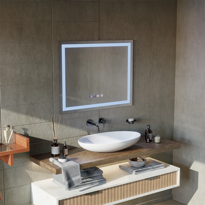 MODENA LED Touch Specchio Disappannante, Orologio e Temperatura 80x60 cm