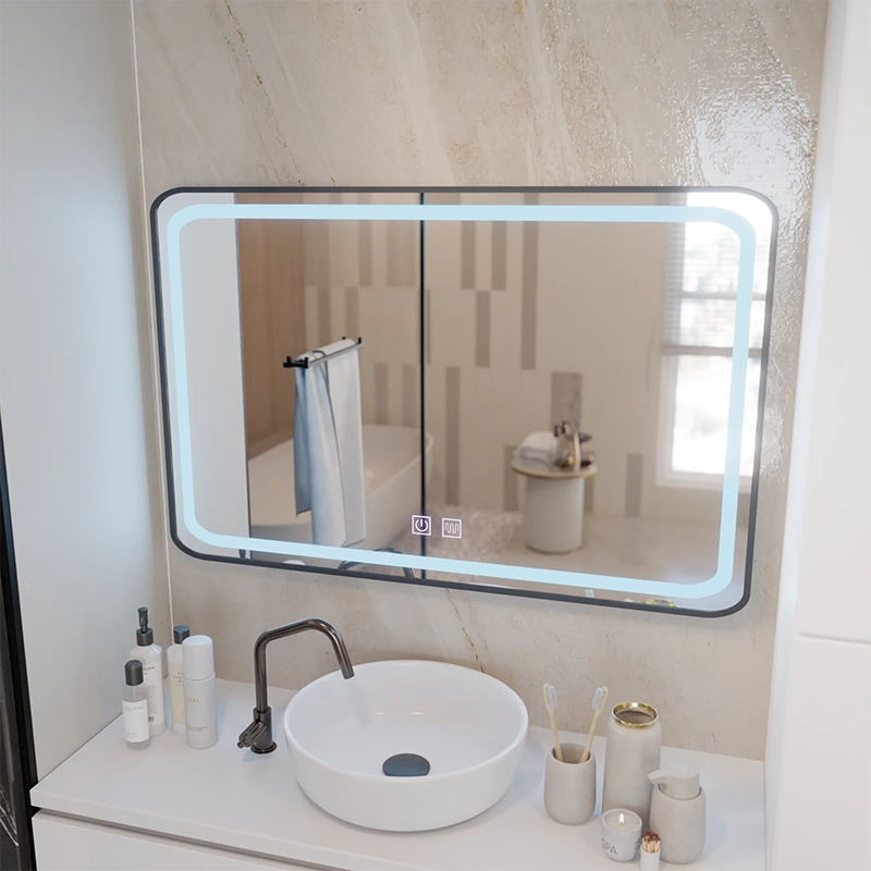 Specchio LED rettangolare 100x65 cm EDGE Touch Demister System, cornice nera