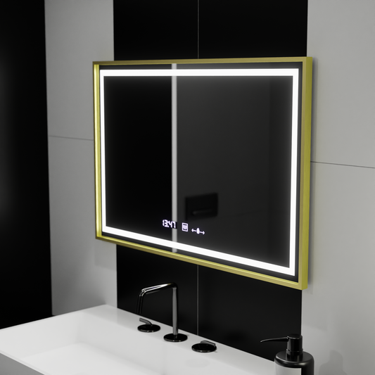 Specchio rettangolare a LED, 120x80 cm, Verite Royale Gold MotionGlow Marcello, sistema antiappannamento, orologio e termometro, specchi dimmerabili Marcello Titolo predefinito Alessandro Design