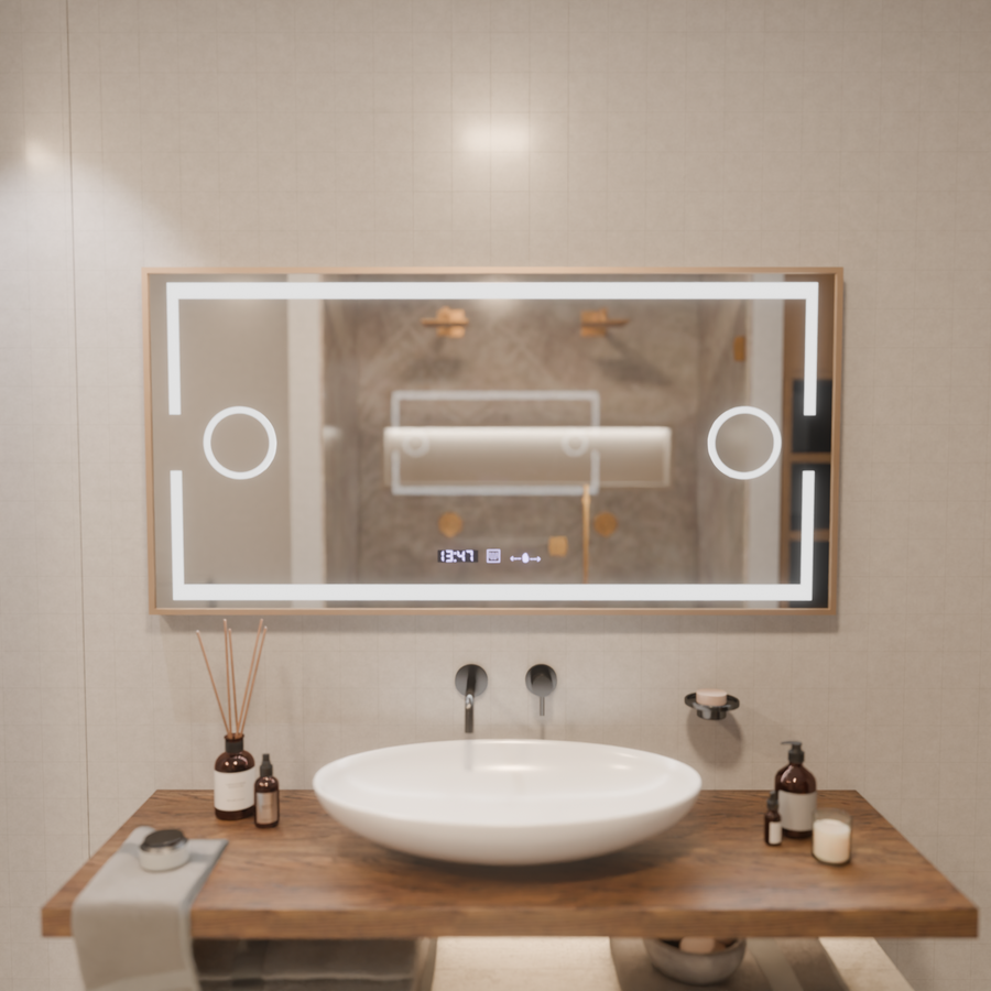 Specchio LED MotionGlow Sofia sensore con funzione antiappannamento Termometro Orologio 110x65 cm Luce Calda/Fredda/Neutra Dimmerabile, Cornice Oro Rosa, Collezione Marcello Funghi Marcello Specchi Titolo predefinito Alessandro Design