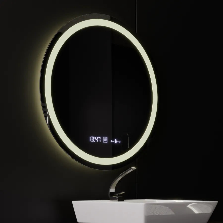 Specchio rotondo a LED, diametro 50 cm, Celeste MotionGlow Marcello, sistema antiappannamento, orologio e termometro, dimmerabile, luce calda neutra fredda 3000K/4000K/6000K Marcello Mirrors Titolo predefinito Alessandro Design
