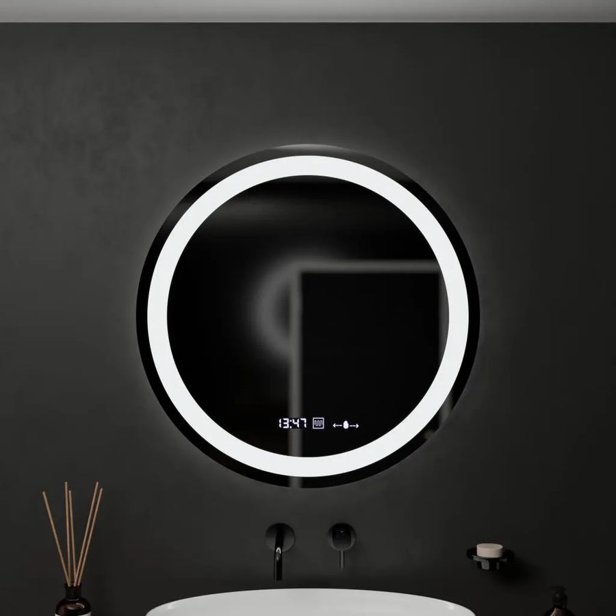 Specchio rotondo a LED, 60 cm, Celeste MotionGlow Marcello, sistema antiappannamento, orologio e termometro, dimmerabile, luce calda neutra fredda 3000K/4000K/6000K Marcello Mirrors Titolo predefinito Alessandro Design
