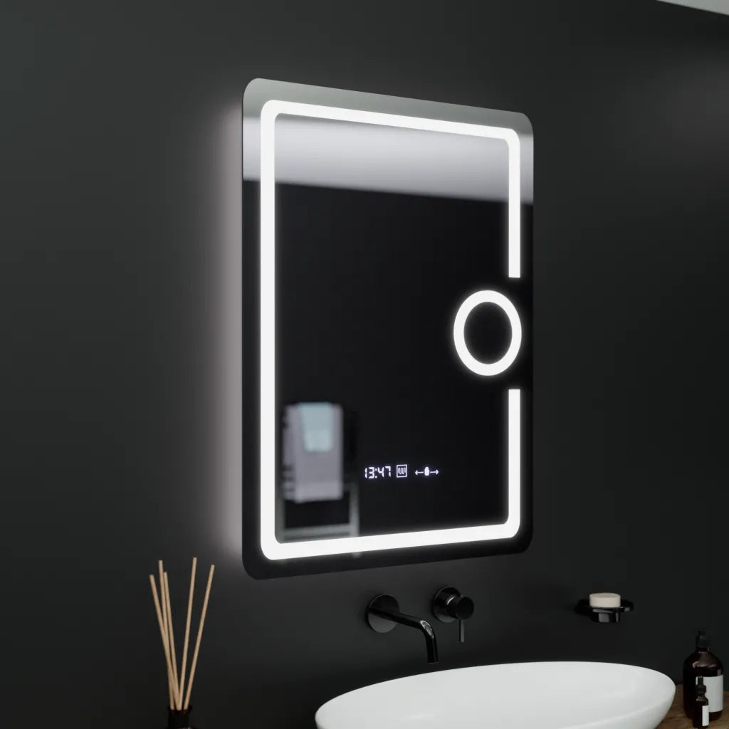 Specchio rettangolare a LED, 60x80 cm, Eclat MotionGlow Marcello, Orologio e Termometro, Sistema Demister, Lente d'ingrandimento cosmetica, Specchi Dimabila Marcello Titolo predefinito Alessandro Design