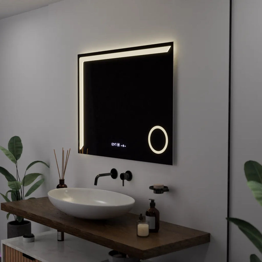 Specchio rettangolare a LED, 80x60 cm, Precision MotionGlow Marcello, sistema antiappannamento, orologio e termometro, lente d'ingrandimento cosmetica, specchi Marcello dimmerabili Titolo predefinito Alessandro Design
