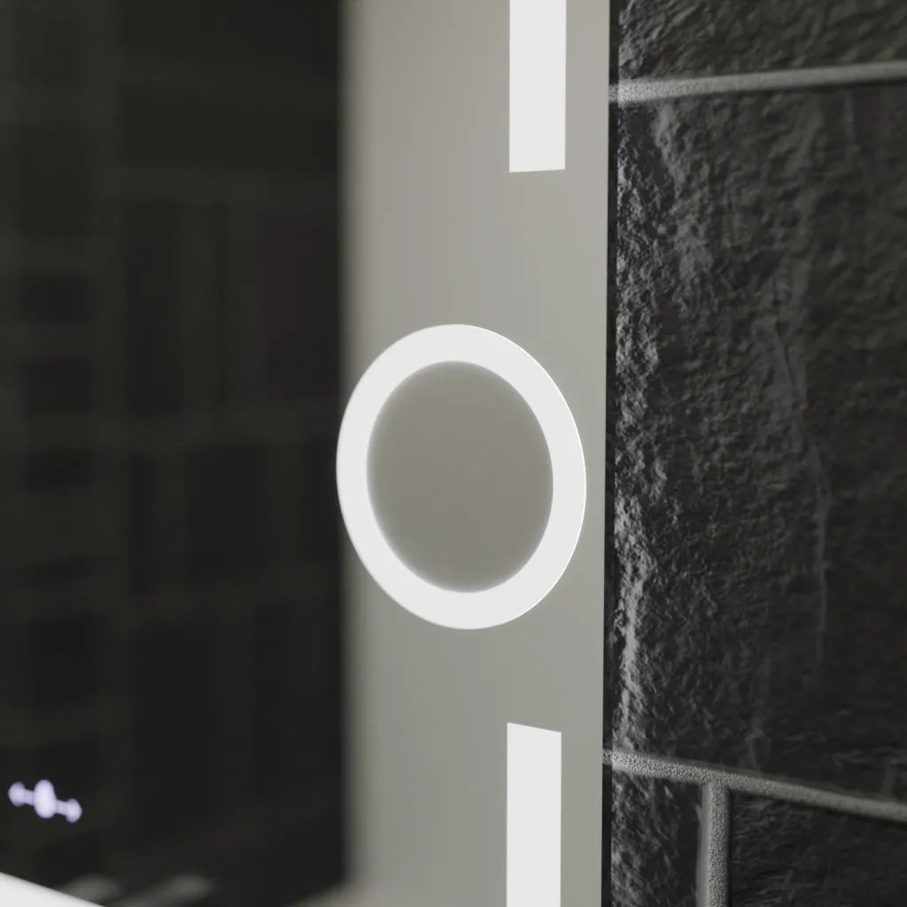 Specchio rettangolare a LED, 80x60 cm, Eclat MotionGlow Marcello, sistema antiappannamento, orologio e termometro, lente d'ingrandimento cosmetica, specchi Marcello dimmerabili Titolo predefinito Alessandro Design
