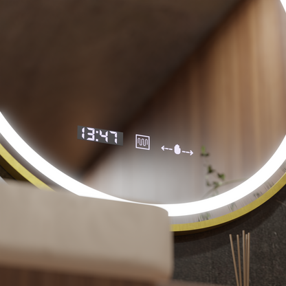 Specchio rotondo a LED, 80 cm, Celeste Royale Gold MotionGlow Marcello, sistema antiappannamento, orologio e termometro, specchi dimmerabili Marcello Titolo predefinito Alessandro Design