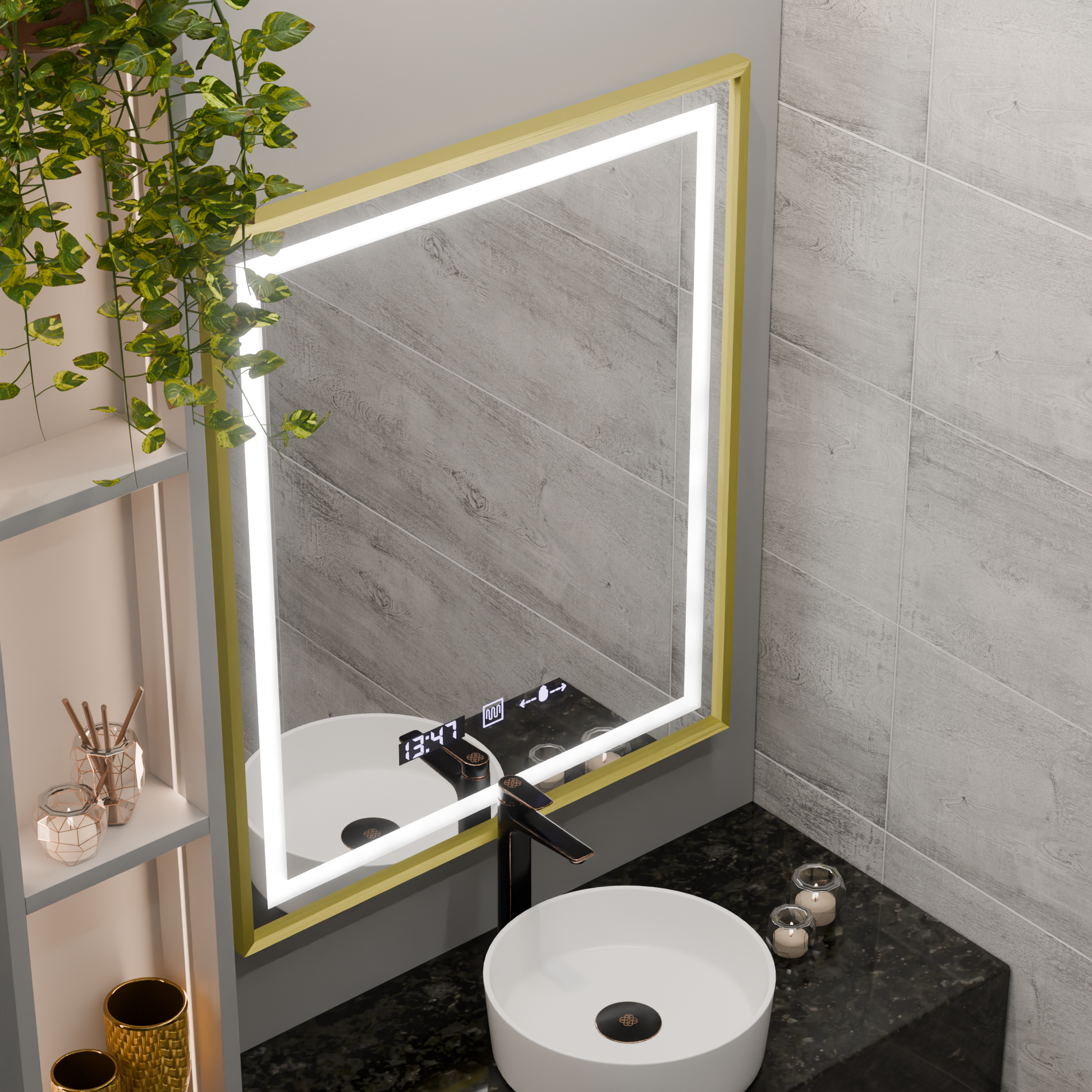 Specchio rettangolare a LED, 75x90 cm, Verite Royale Gold MotionGlow Marcello, sistema antiappannamento, orologio e termometro, specchi dimmerabili Marcello Titolo predefinito Alessandro Design
