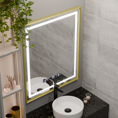 Specchio rettangolare a LED, 75x90 cm, Verite Royale Gold MotionGlow Marcello, sistema antiappannamento, orologio e termometro, specchi dimmerabili Marcello Titolo predefinito Alessandro Design