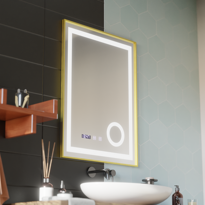 LED Touch CLARUS Specchio con sistema antiappannamento, orologio e temperatura 60x80 cm Cornice dorata Specchi ingranditori cosmetici spazzolati Korman S Titolo predefinito Alessandro Design