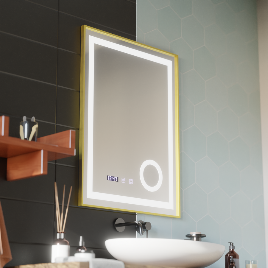 LED Touch CLARUS Specchio con sistema antiappannamento, orologio e temperatura 60x80 cm Cornice dorata Specchi ingranditori cosmetici spazzolati Korman S Titolo predefinito Alessandro Design