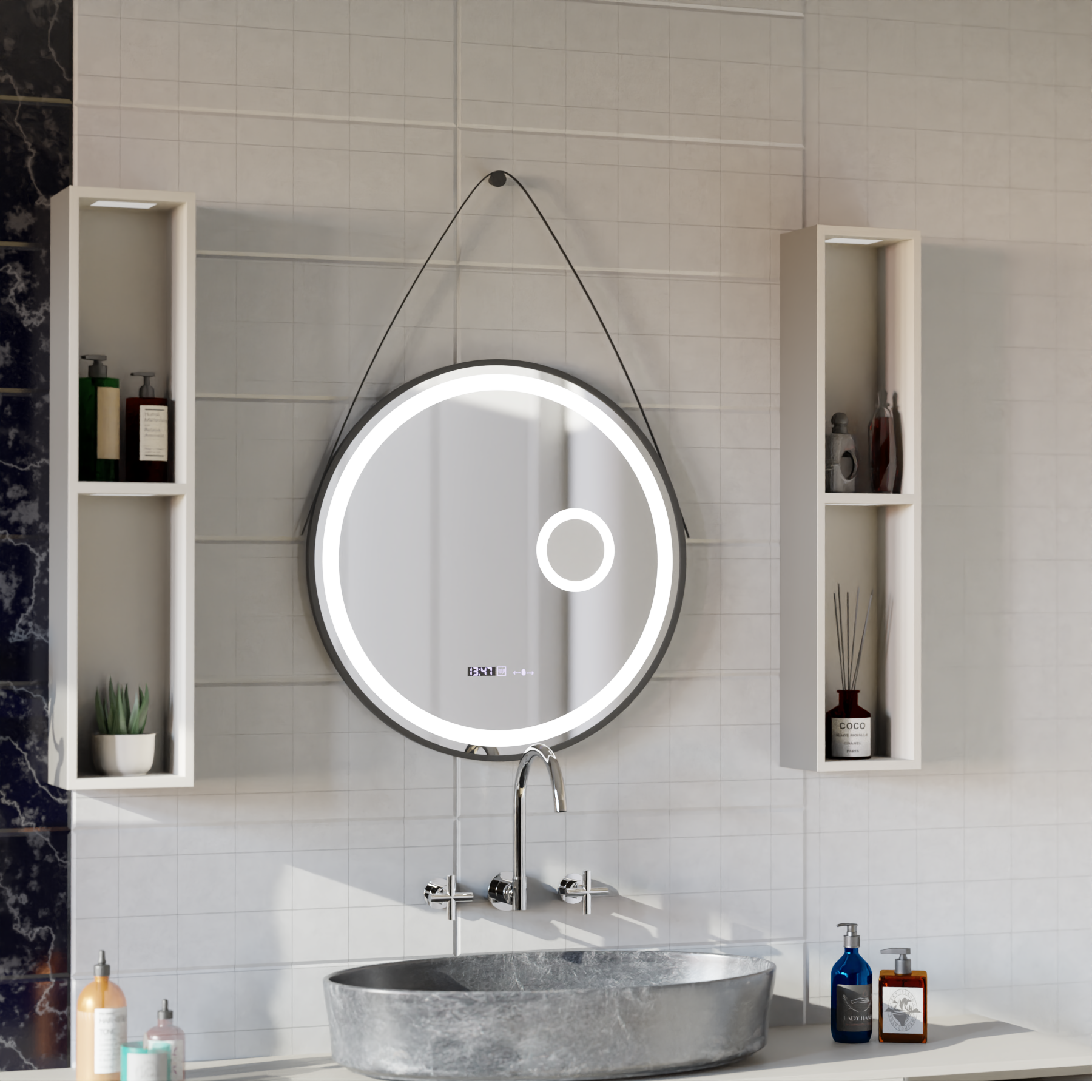 Specchio rotondo a LED, 11 W, 60 cm, sensore Micah Marcello MotionGlow, sistema antiappannamento, orologio e termometro, lente d'ingrandimento cosmetica, specchi Marcello dimmerabili Titolo predefinito Alessandro Design