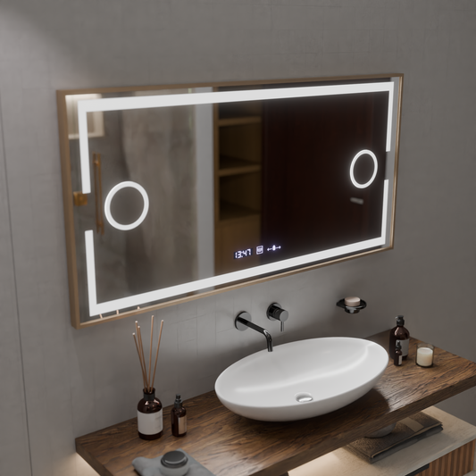 Specchio LED MotionGlow Sofia sensore con funzione antiappannamento Termometro Orologio 110x65 cm Luce Calda/Fredda/Neutra Dimmerabile, Cornice Oro Rosa, Collezione Marcello Funghi Marcello Specchi Titolo predefinito Alessandro Design