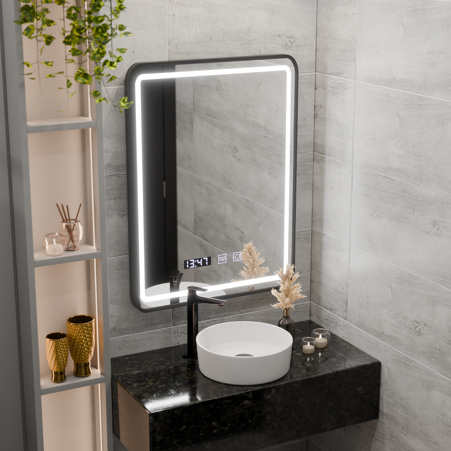 Specchio LED Touch LUCIDA Sistema Disappannante, Orologio e Temperatura Cornice 50x70 cm Specchi Nero Spazzolato Korman S Titolo predefinito Alessandro Design
