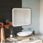 Specchio LED Touch Bernd Sistema antiappannamento, orologio e temperatura 80x60 cm Cornice nera Specchi ingranditori cosmetici spazzolati Korman S Titolo predefinito Alessandro Design