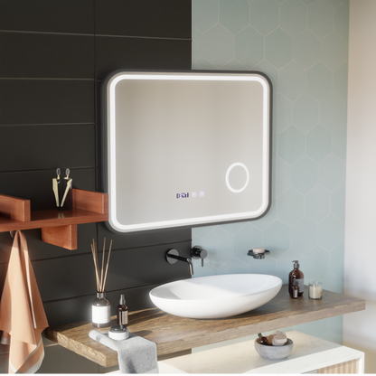 Specchio LED Touch Bernd Sistema antiappannamento, orologio e temperatura 80x60 cm Cornice nera Specchi ingranditori cosmetici spazzolati Korman S Titolo predefinito Alessandro Design