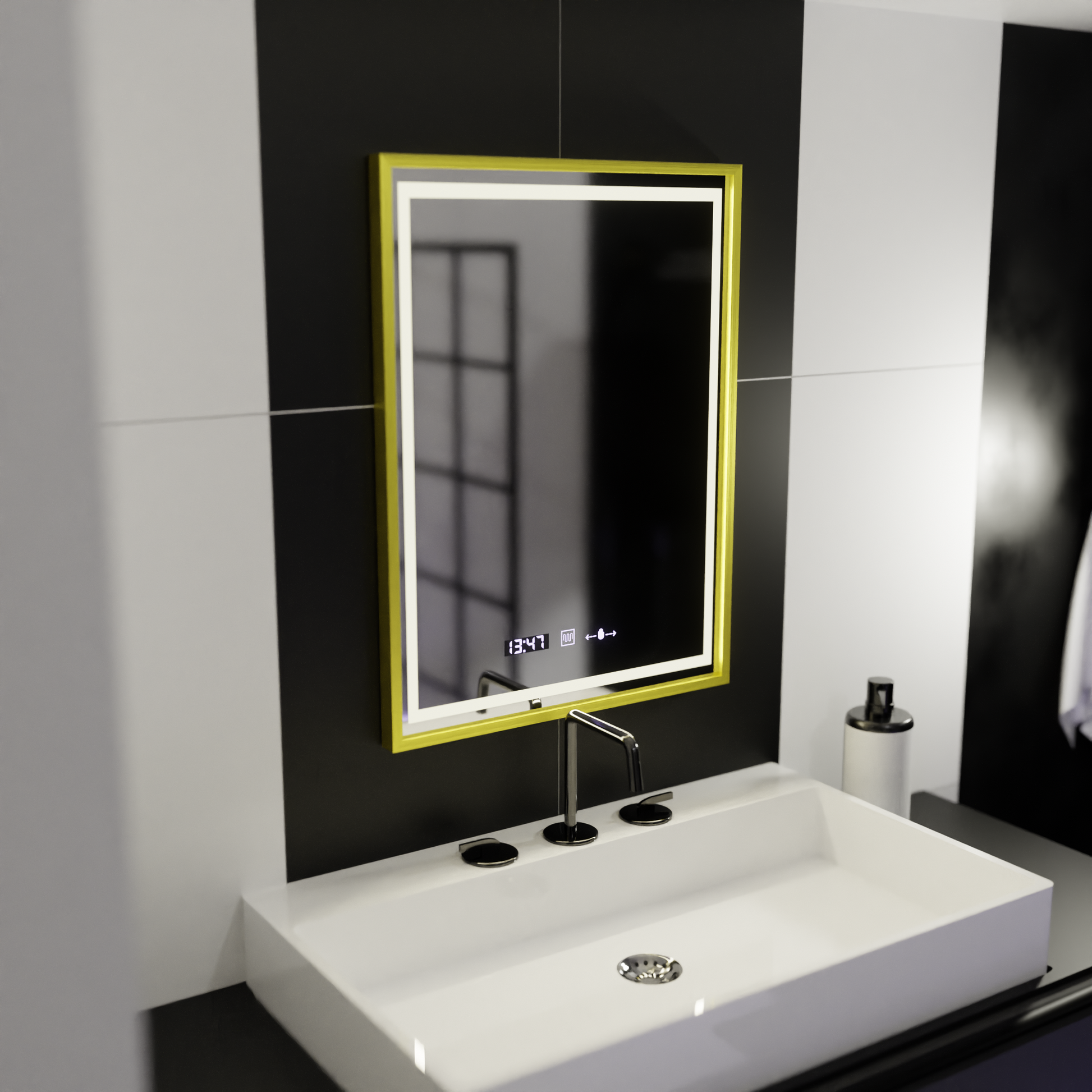 Specchio rettangolare a LED, 50x70 cm, Verite Royale Gold Motion Glow Marcello, sistema antiappannamento, orologio e termometro, specchi dimmerabili Marcello Titolo predefinito Alessandro Design