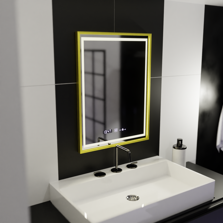 Specchio rettangolare a LED, 50x70 cm, Verite Royale Gold Motion Glow Marcello, sistema antiappannamento, orologio e termometro, specchi dimmerabili Marcello Titolo predefinito Alessandro Design