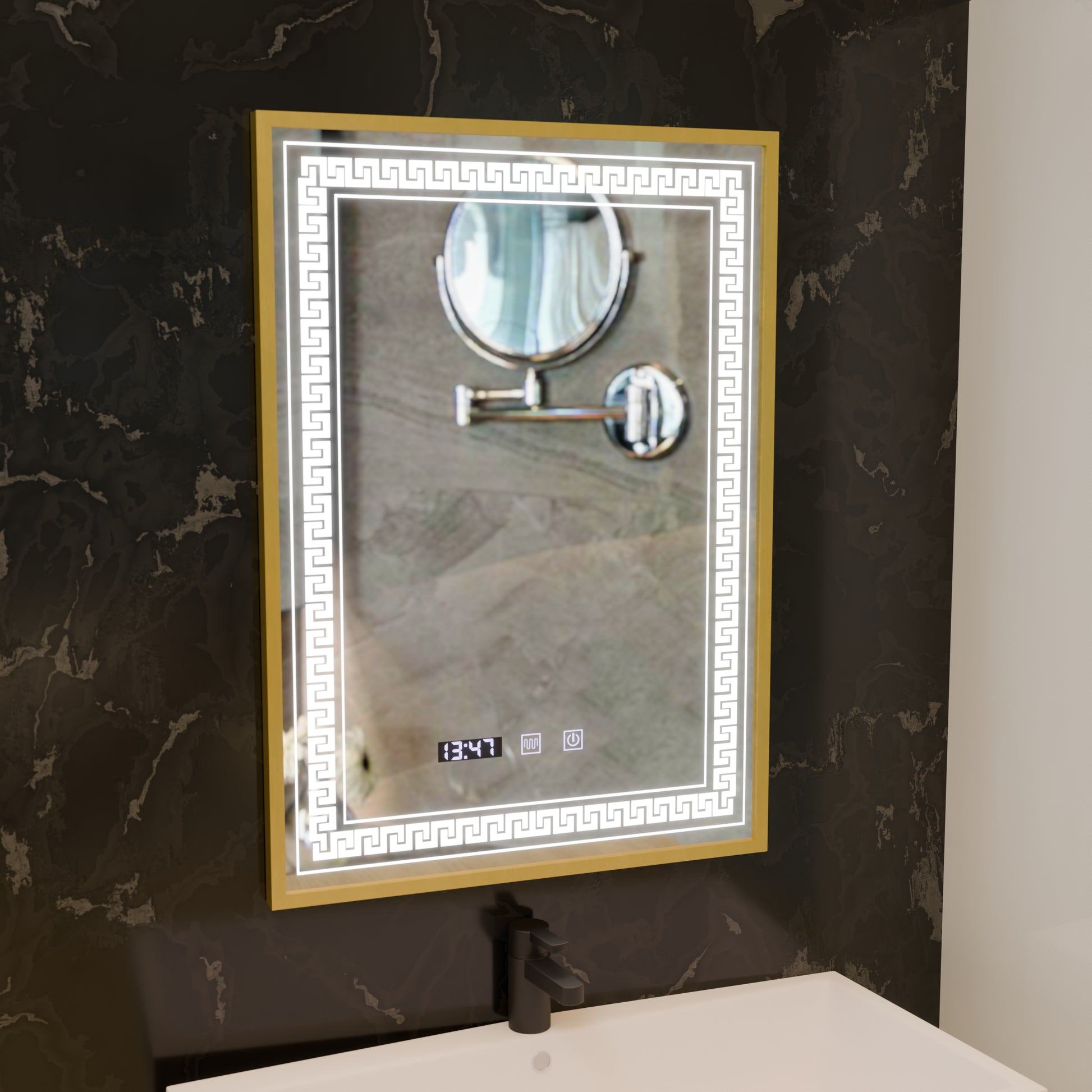 Specchio LED Touch Bruno Demister System, Orologio e Temperatura 60x80 cm Cornice Oro Spazzolato, S84/60X80 Specchi Korman S Titolo predefinito Alessandro Design