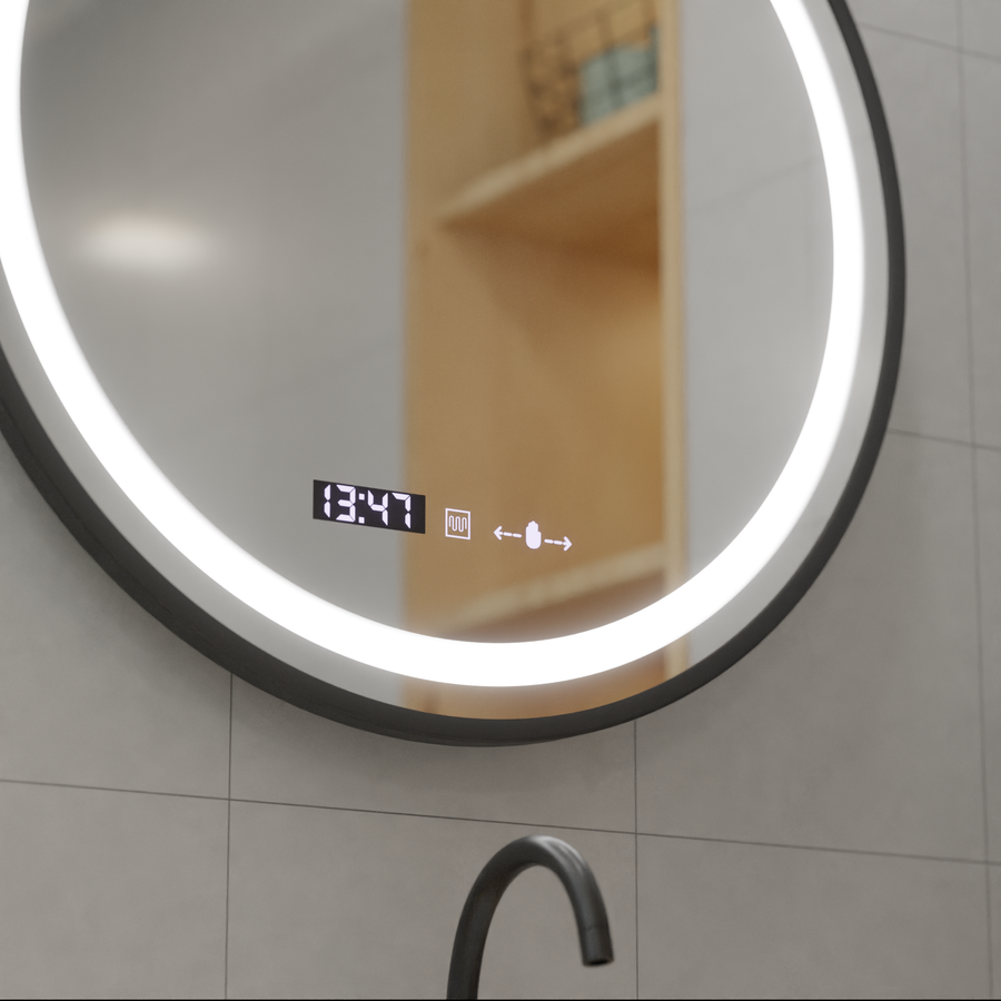 Specchio rotondo a LED, 100 cm, Celeste Majesté Noir MotionGlow Marcello, sistema antiappannamento, orologio e termometro, specchi dimmerabili Marcello Titolo predefinito Alessandro Design