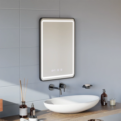 Specchio LED Touch LUCIDA Sistema Disappannante, Orologio e Temperatura 60x80 cm Cornice Nera Spazzolata