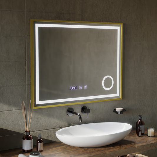 LED Touch CLARUS Specchio con sistema antiappannante, orologio e temperatura 80x60 cm Cornice dorata Specchi ingranditori cosmetici spazzolati Korman S Titolo predefinito Alessandro Design